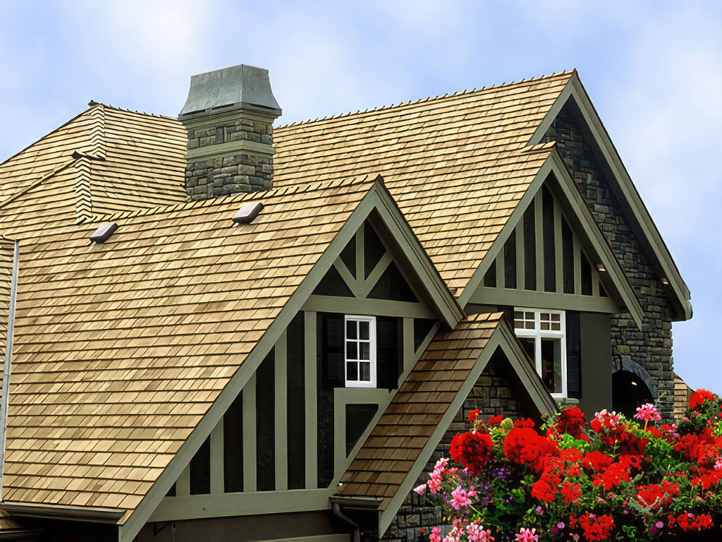 A residential wood shingle roof