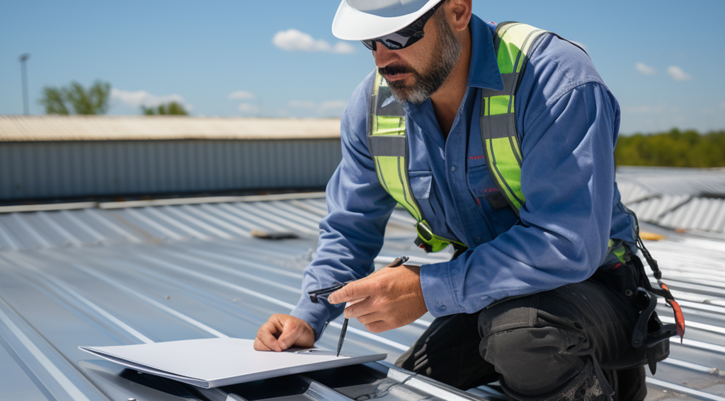 A roofer performing a roof inspection of a metal roof